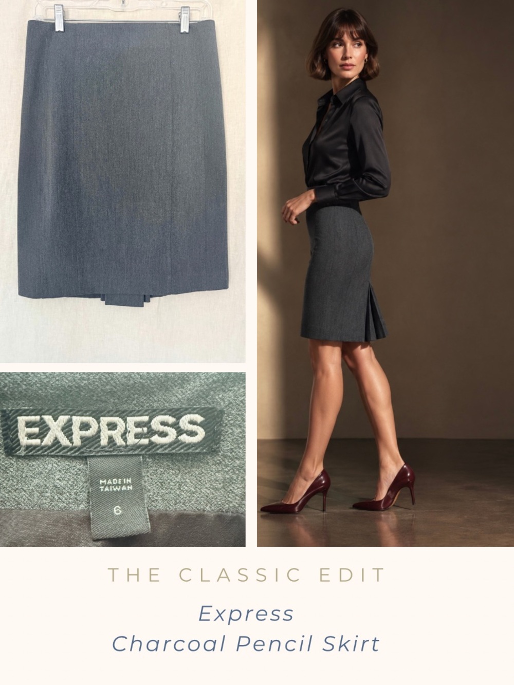 Express | Charcoal Gray Pencil Skirt | Pleated Kick Pleat | Lined | 6